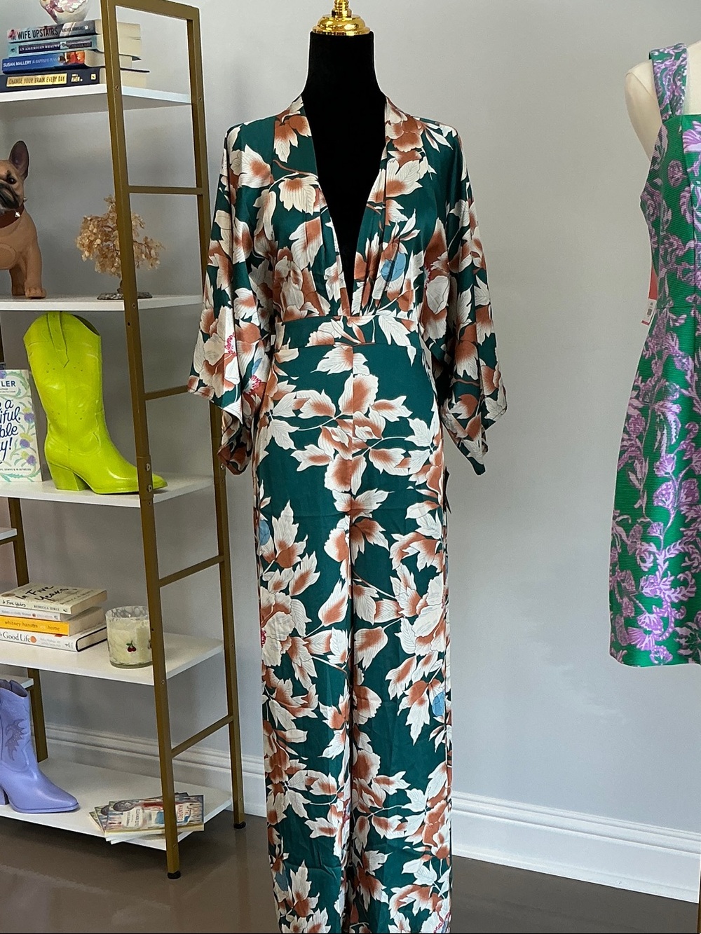 Lulu's Teal Floral Wrap Jumpsuit with Cream & Rust Blooms
